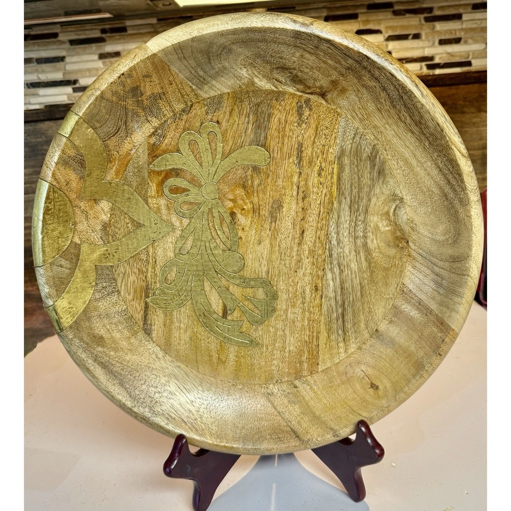 13" Mango Wood Bowl Brass Inlay Floral Decorative Platter Made in India